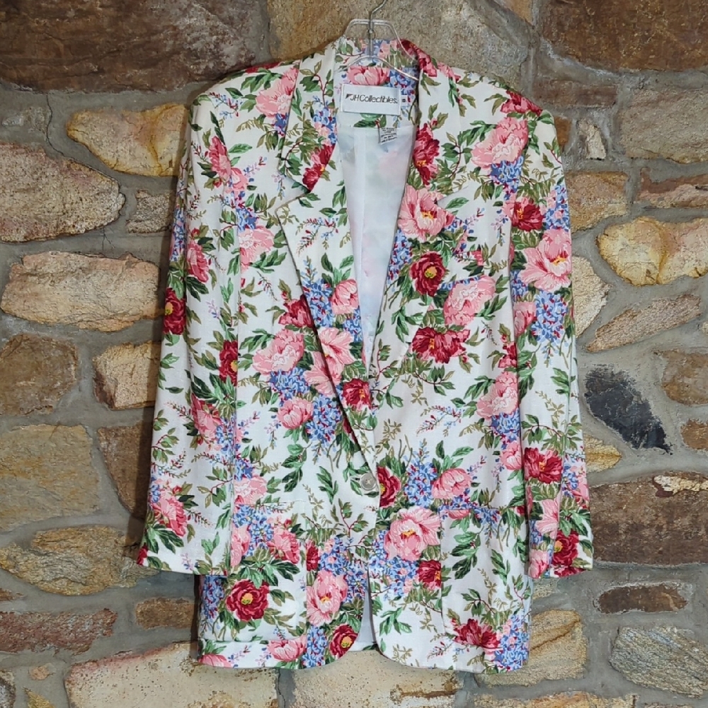 JH Collectibles Linen BlendFloral Blazer with Pink and Red Accents